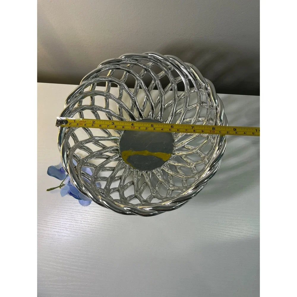 Silver tone Lattice Basket‎ Decorative Centerpiece Bowl 8.5 Inch Diameter